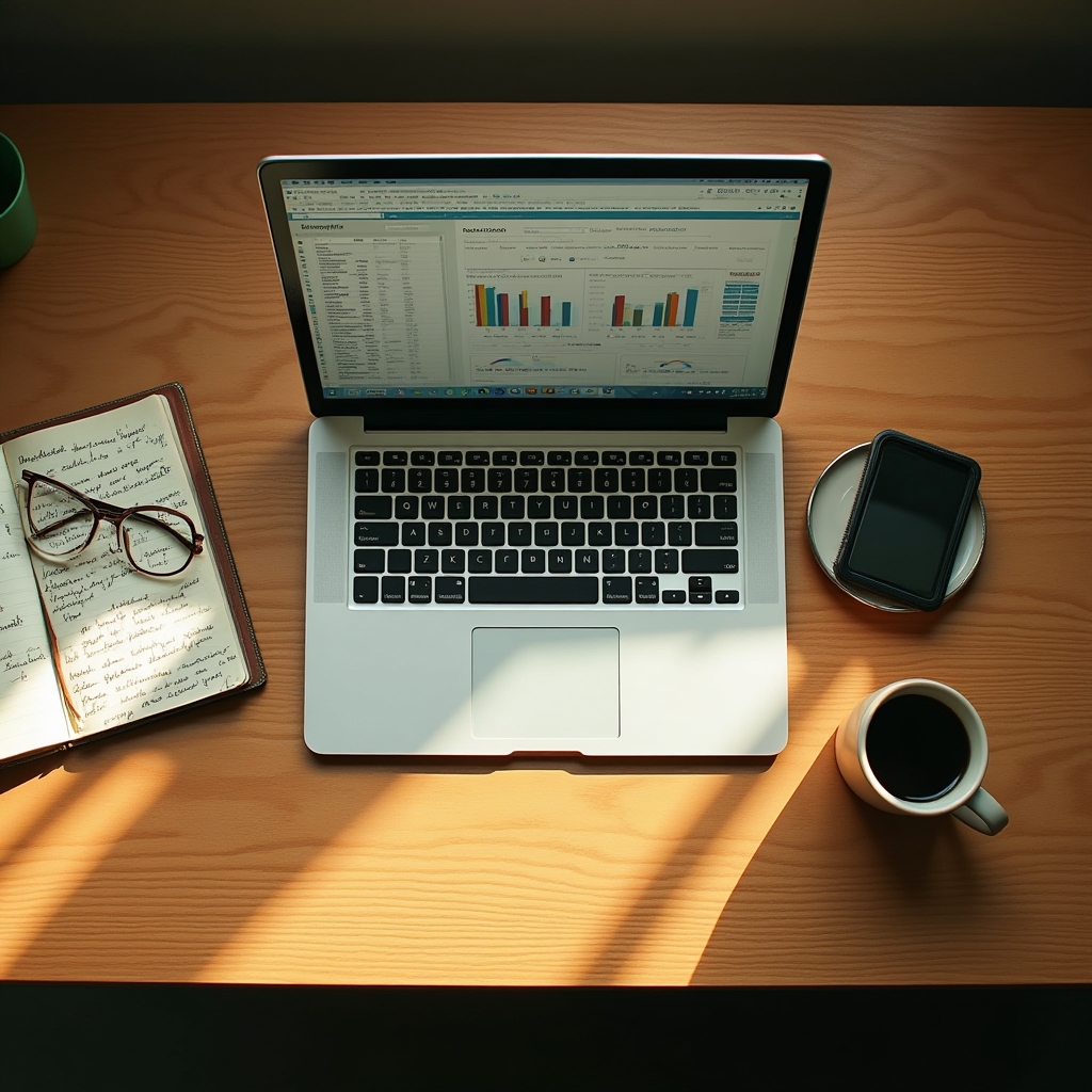 Overhead view of a laptop showing a carbon calculator spreadsheet interface next to a notebook and coffee cup