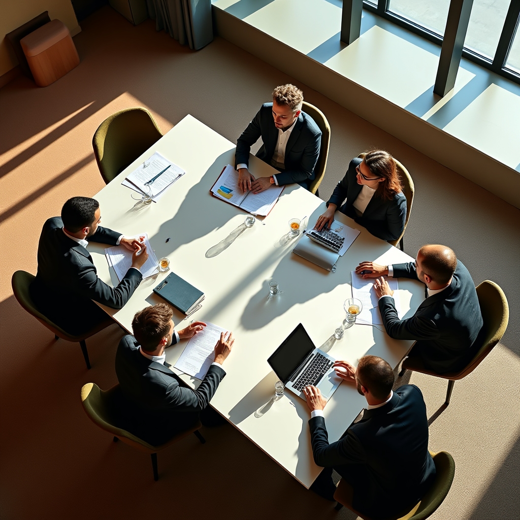 Overhead view of a business meeting room set up for a sustainability workshop with documents and laptops on the table